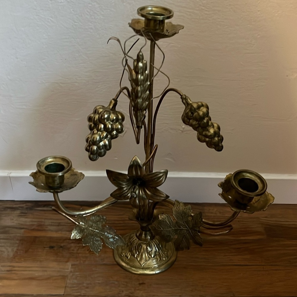 Antique French church candelabra with flowers, leaves and grapes/wheat? motifs